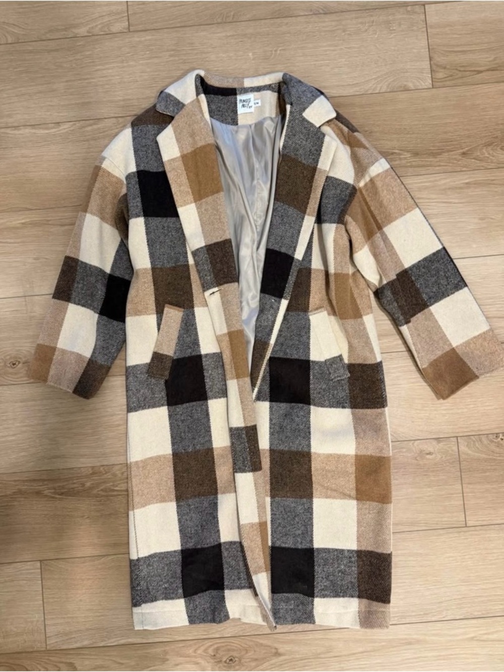 Princess Polly Plaid Long Trench Coat in Cream, Tan, Brown, and Gray